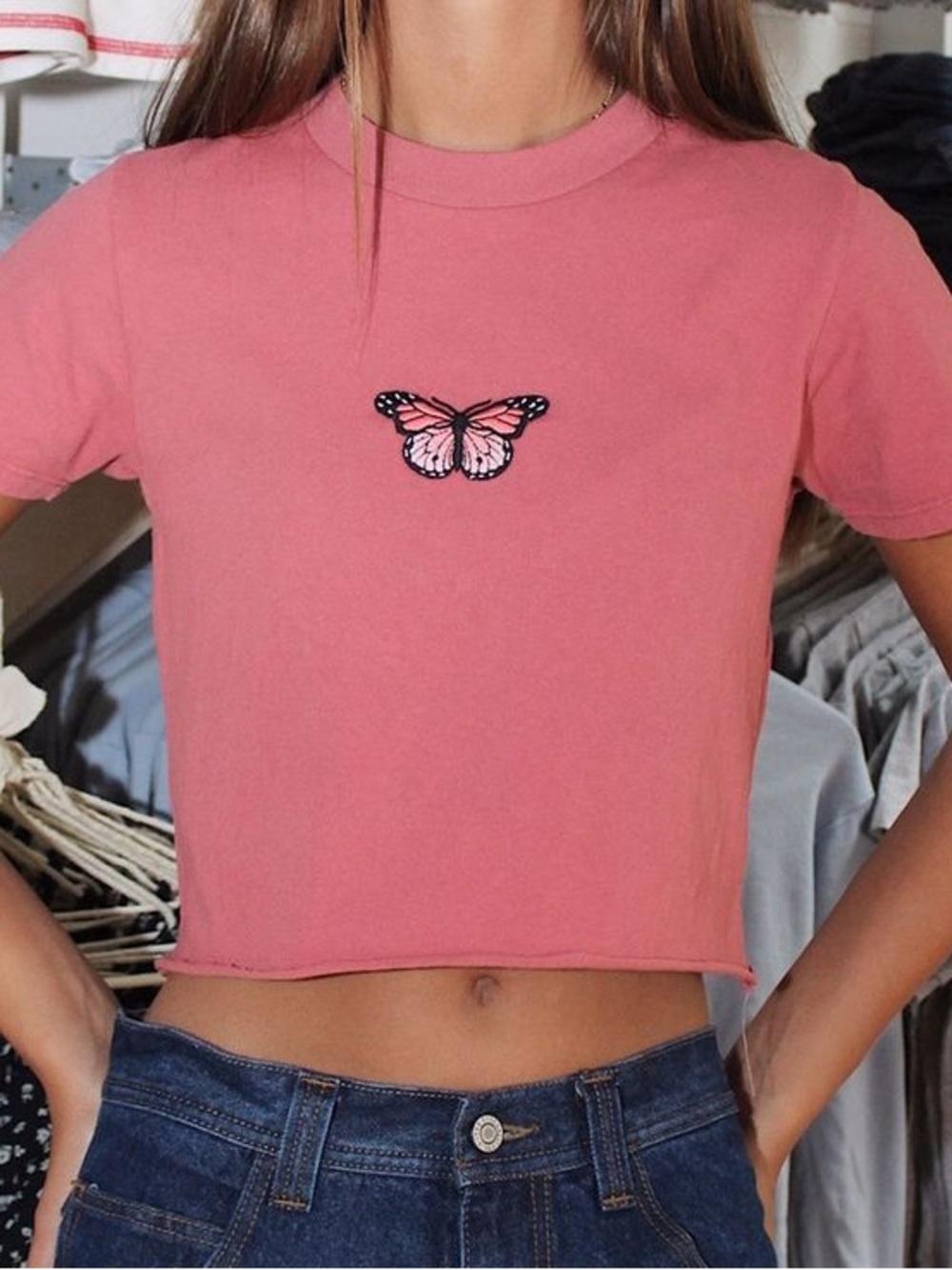 Pink butterfly Brandy Melville crop tee